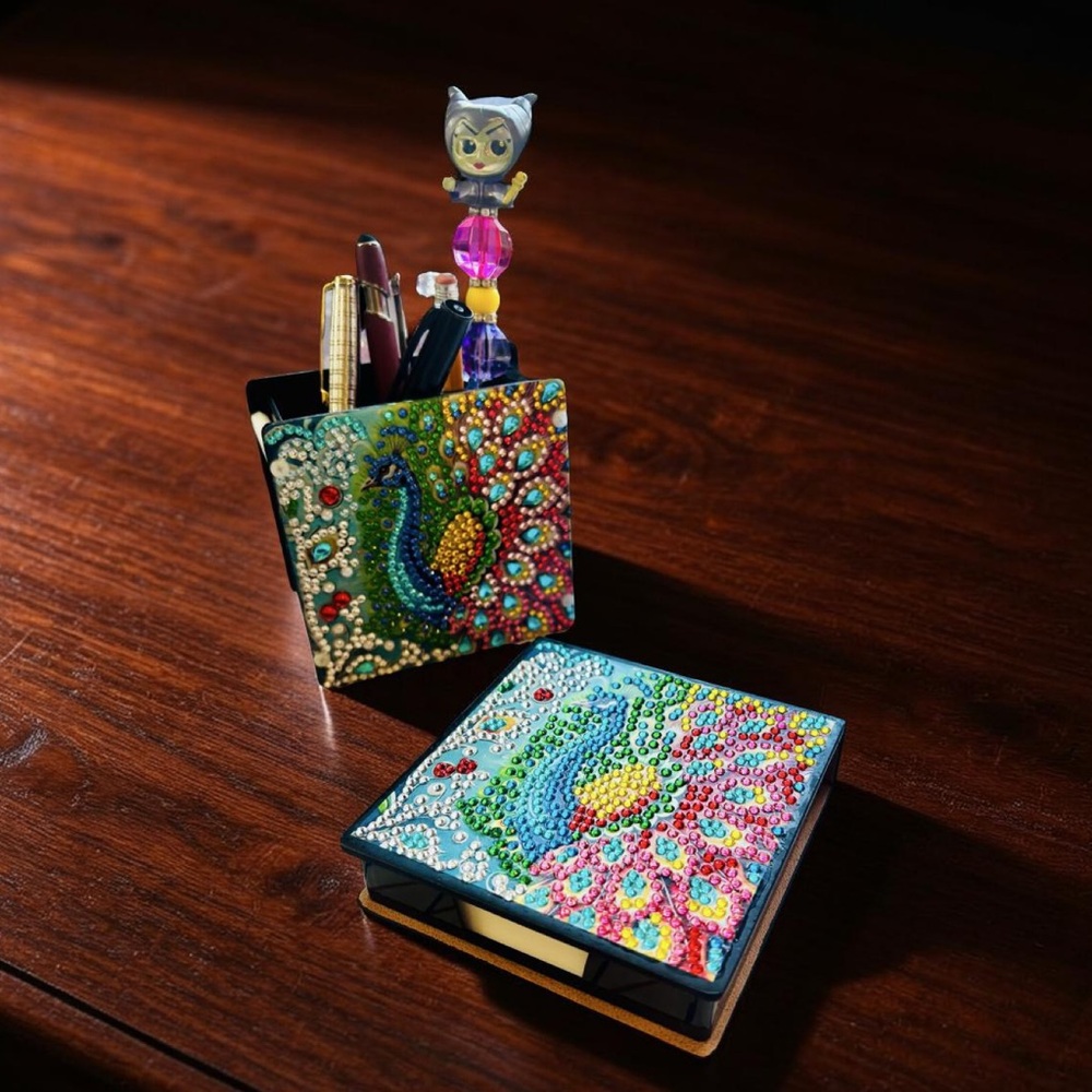 Colorful Hand Crafted Diamond Art Peacock Desk Organizer Set